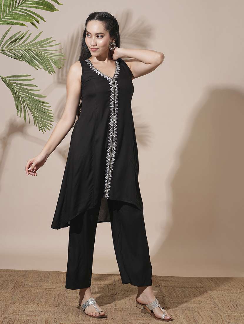 globus women black v-neck embroidered & mirror work detail high-low hem front slits a-line kurta with pant fusion wear set - 21660791 -  Zoom Image - 0