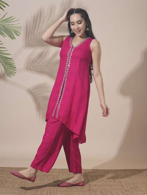 globus women pink v-neck embroidered & mirror work detail high-low hem front slits a-line kurta with pant fusion wear set - 21660792 -  Standard Image - 0