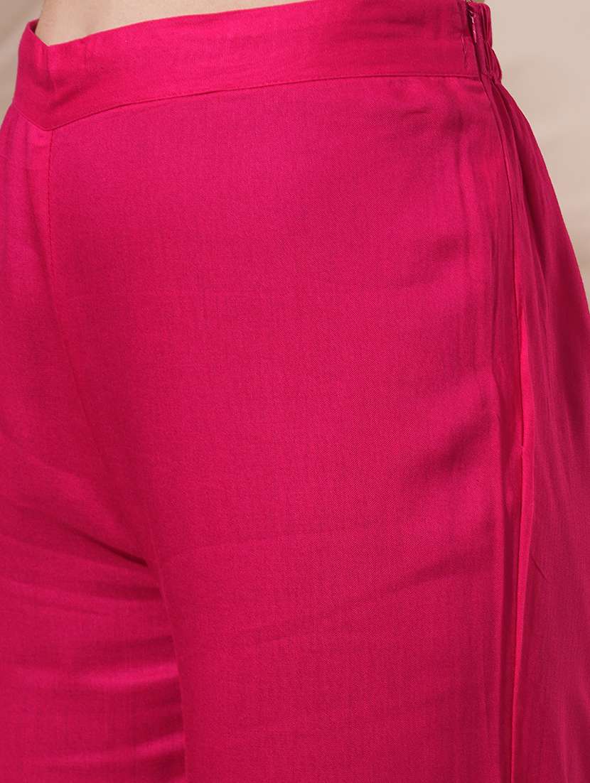 globus women pink v-neck embroidered & mirror work detail high-low hem front slits a-line kurta with pant fusion wear set - 21660792 -  Standard Image - 5