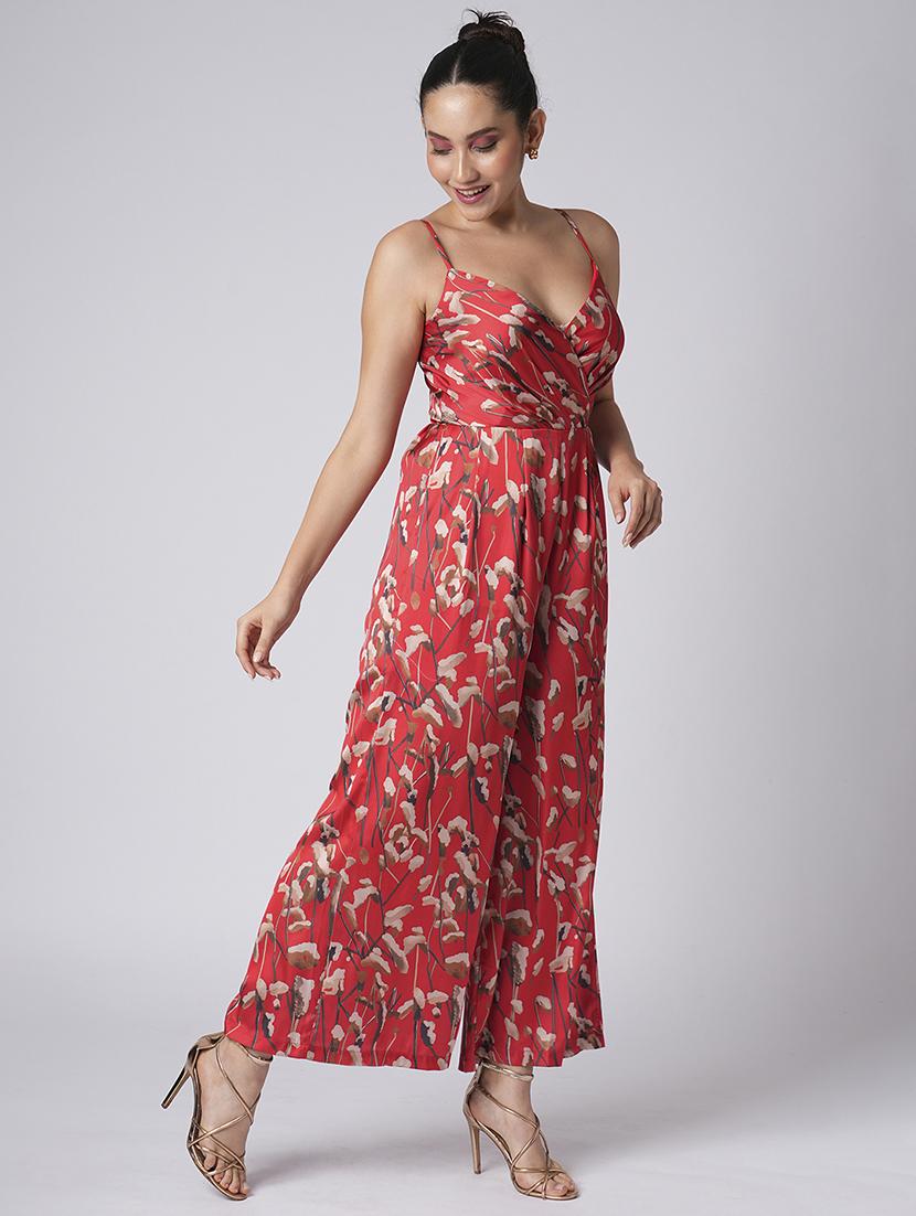 globus women red sweetheart neck strappy shoulder floral print satin wide leg party jumpsuit - 21660796 -  Zoom Image - 0
