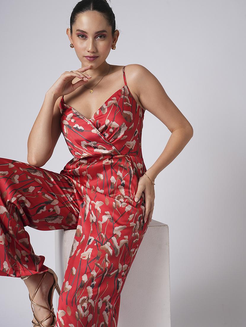 globus women red sweetheart neck strappy shoulder floral print satin wide leg party jumpsuit - 21660796 - Standard Image - 3