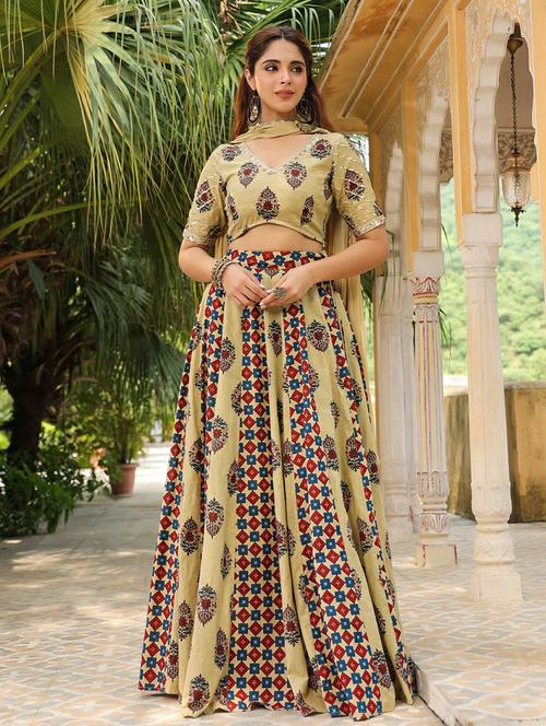women beige printed stitched flared lehenga - 21660829 - Standard Image - 0