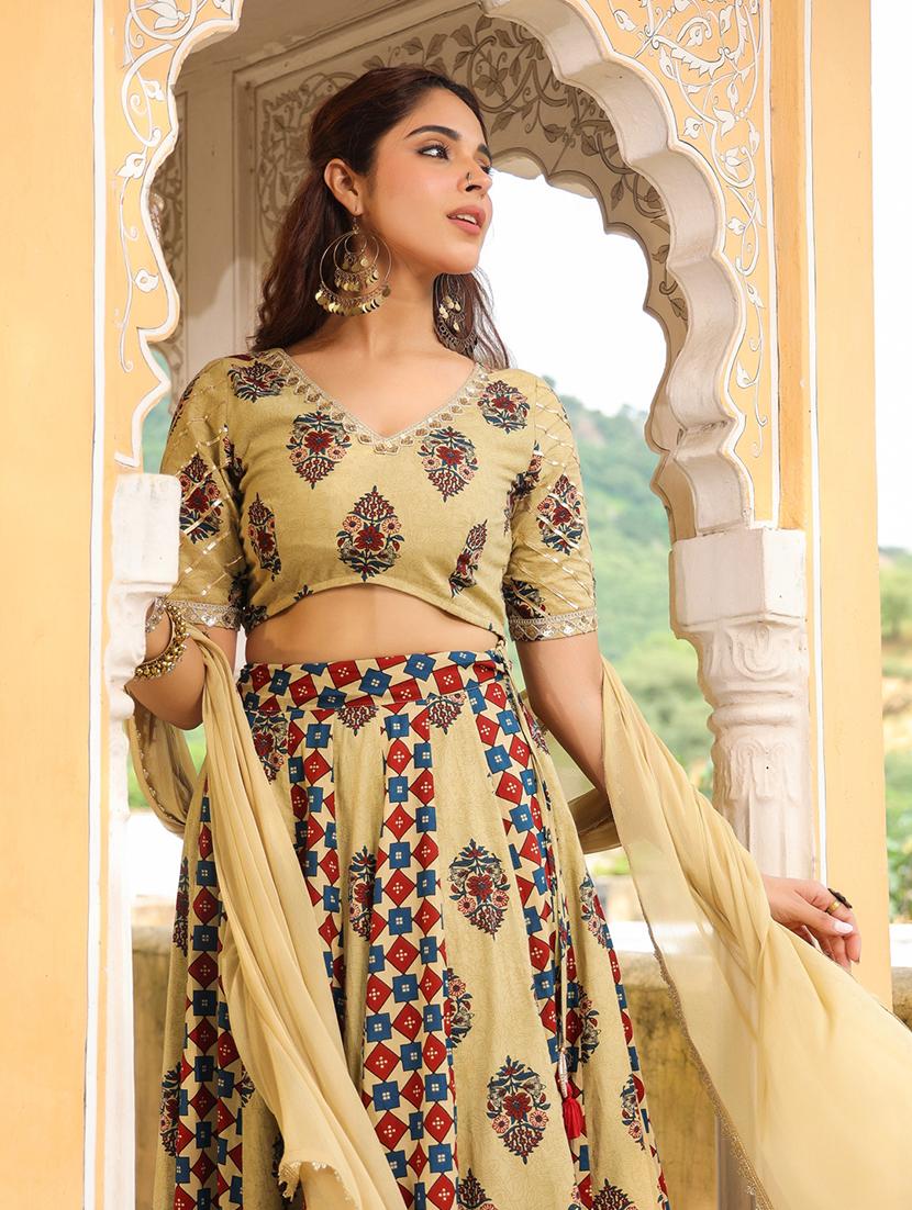 women beige printed stitched flared lehenga - 21660829 - Standard Image - 5