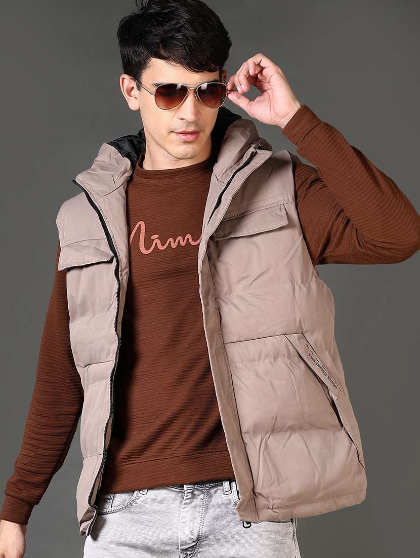 men's beige puffer hooded quilted jacket