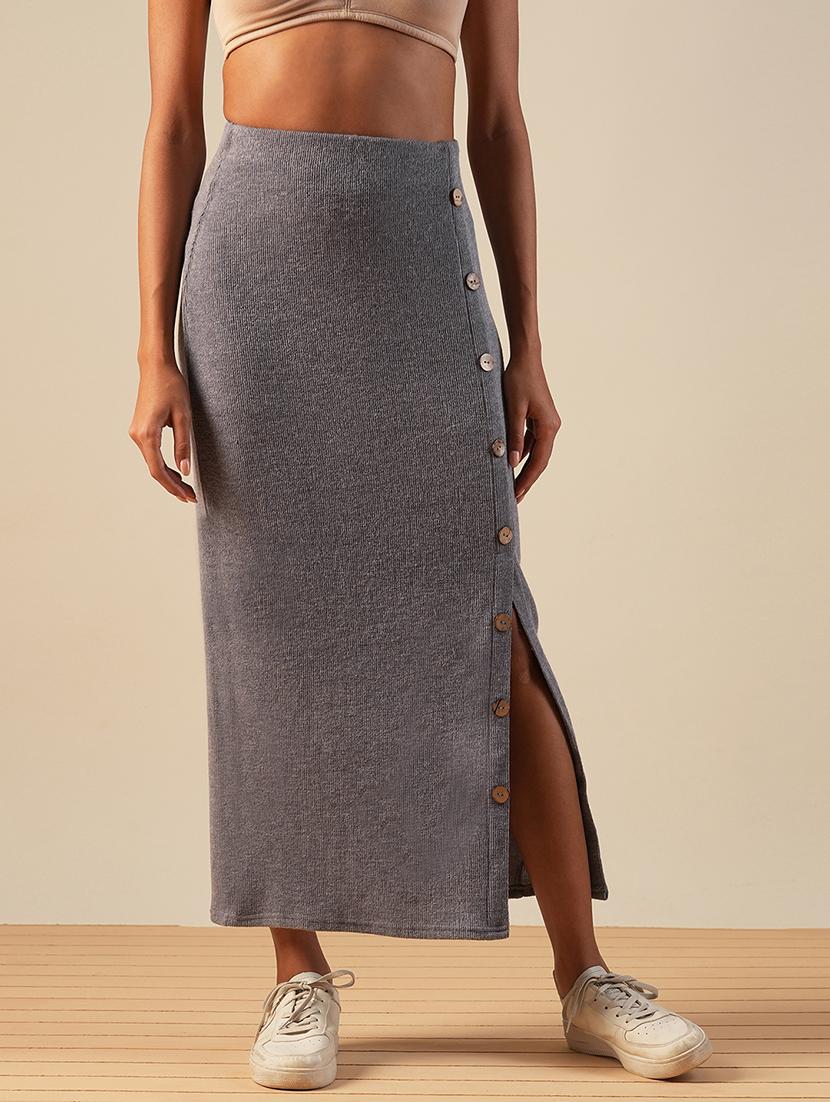 globus women grey self design button detail mid-rise side slit midi pencil skirt - 21661198 - Zoom Image - 0