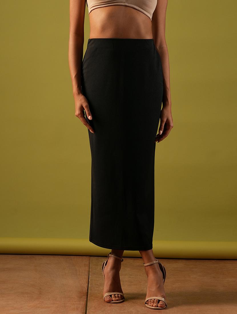 globus women black self design stretchable high-rise back slit midi workwear pencil skirt - 21661207 -  Zoom Image - 0