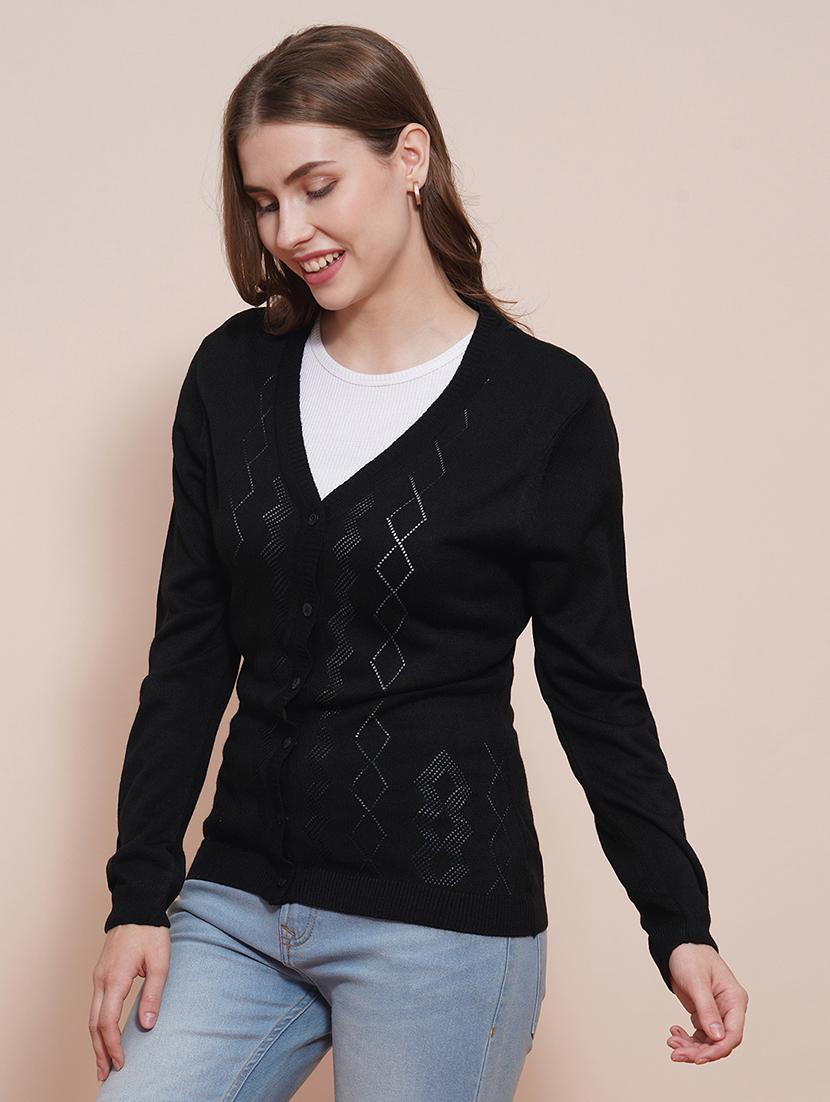 globus women black v-neck full sleeves self design ribbed hem cardigan sweater - 21661269 - Zoom Image - 0