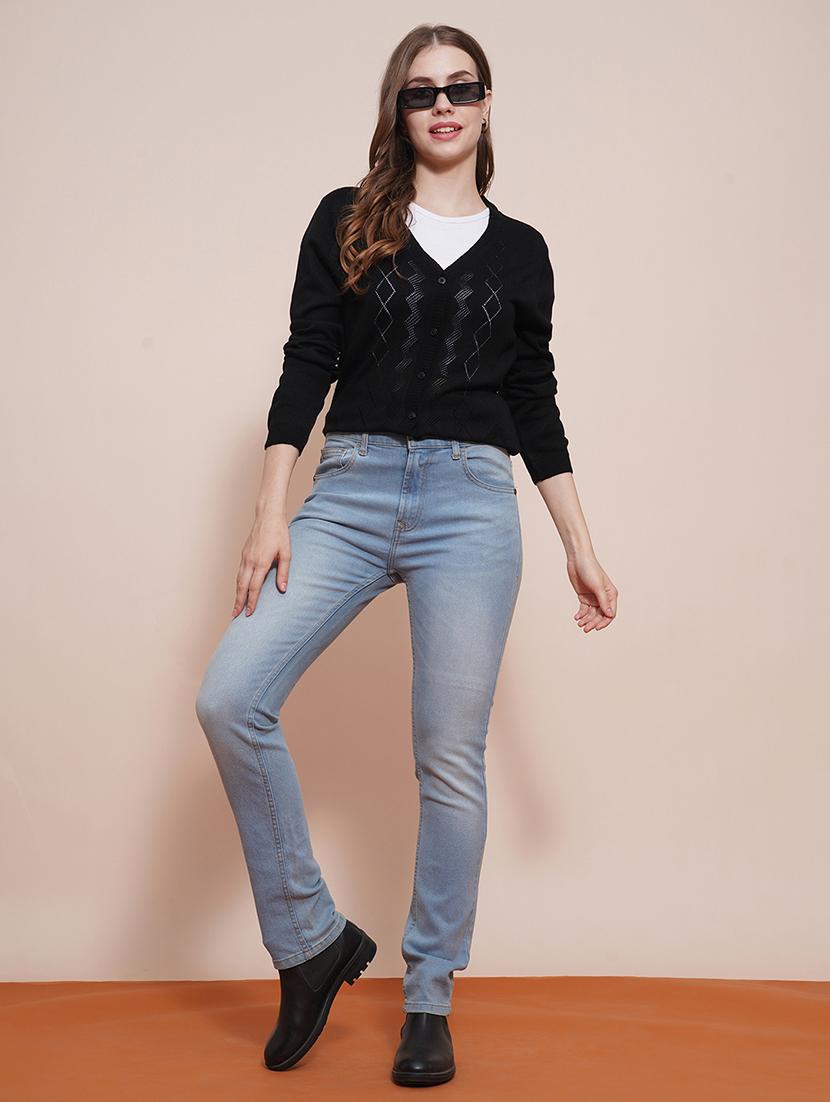 globus women black v-neck full sleeves self design ribbed hem cardigan sweater - 21661269 - Standard Image - 3