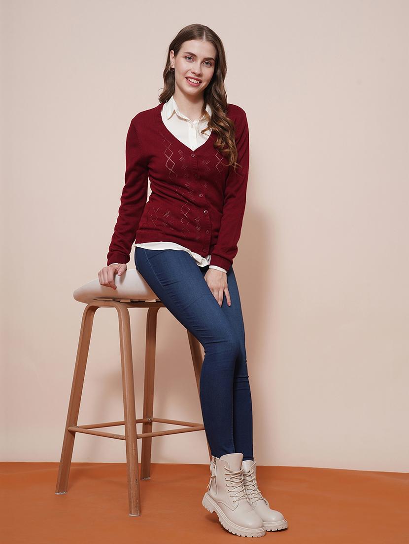 globus women maroon v-neck full sleeves self design ribbed hem cardigan sweater - 21661270 - Standard Image - 3