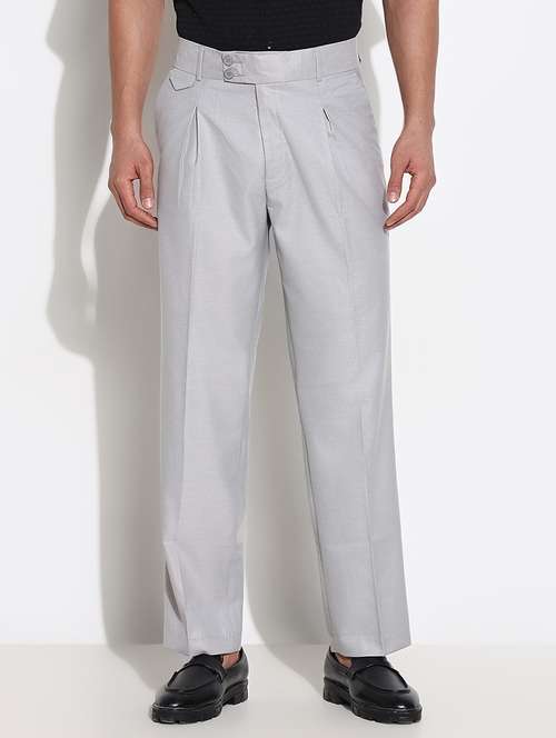 grey cotton blend pleated trousers formal - 21661448 - Standard Image - 0