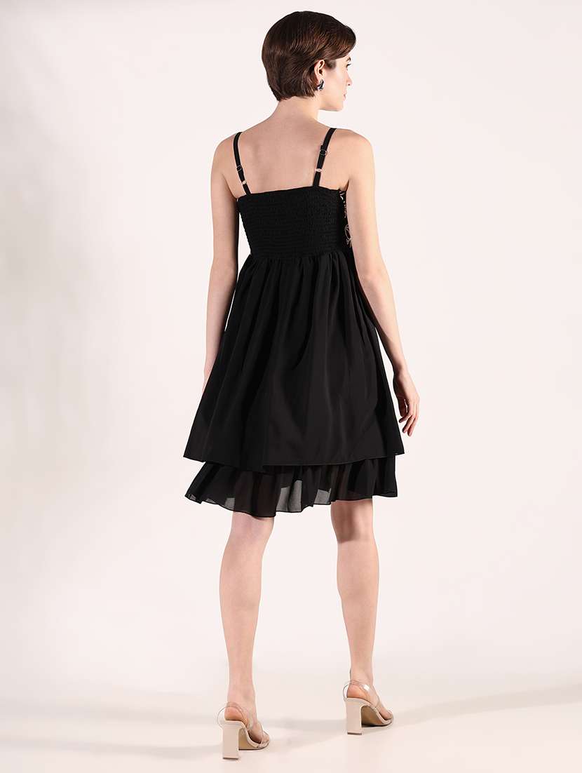 women solid soulder strap neck fit & flare dress - 21661476 - Standard Image - 3