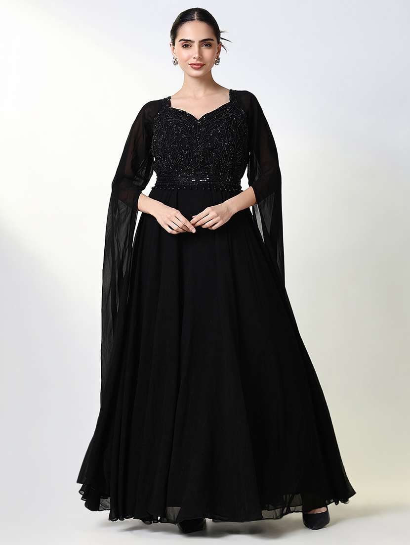 women black embellished sweetheart neck gown dress