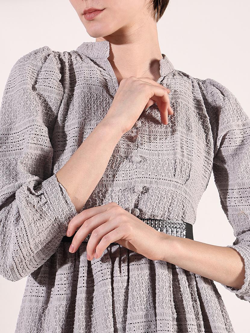 women grey self design fit & flare dress - 21661486 - Standard Image - 5
