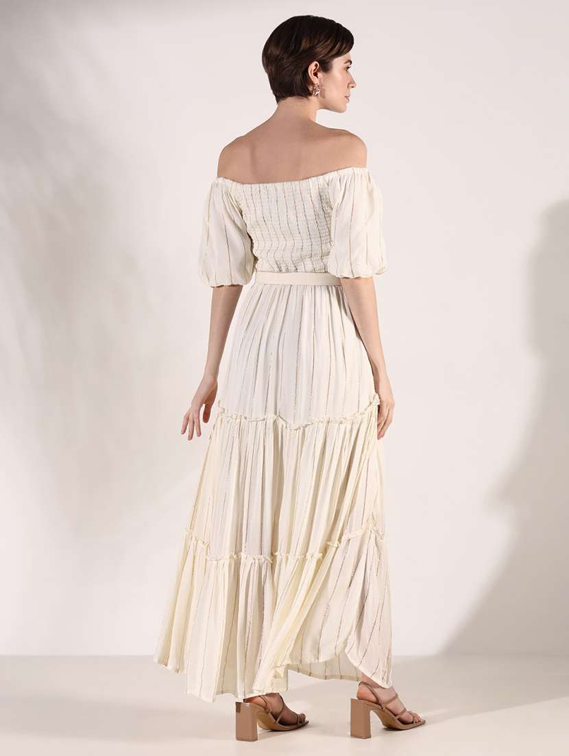 women cream stripes off shoulder neck tiered dress - 21661494 -  Standard Image - 3