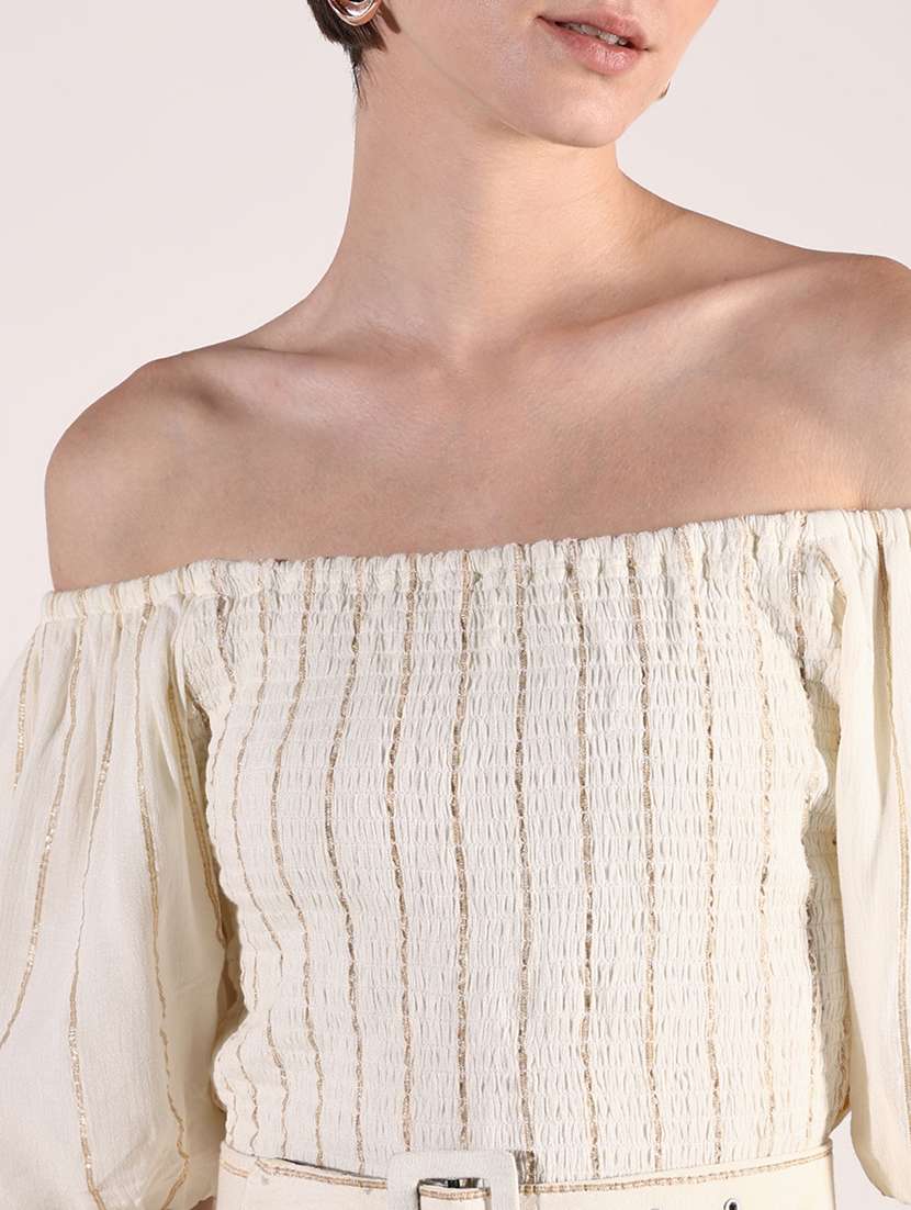 women cream stripes off shoulder neck tiered dress - 21661494 -  Standard Image - 5