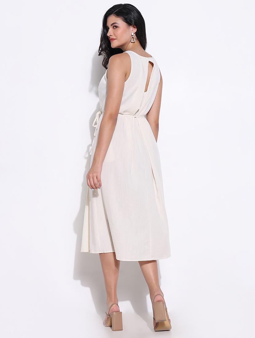 women cream solid sleeveless a-line dress - 21661498 - Standard Image - 3