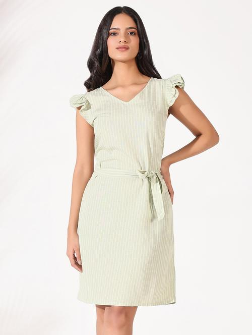 women stripes v neck a-line dress with belt - 21661500 - Standard Image - 0