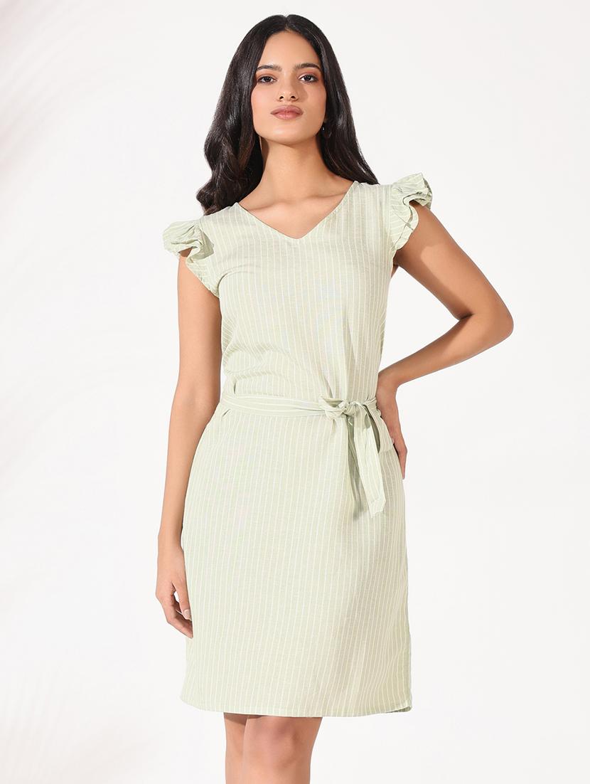 women stripes v neck a-line dress with belt - 21661500 - Zoom Image - 0