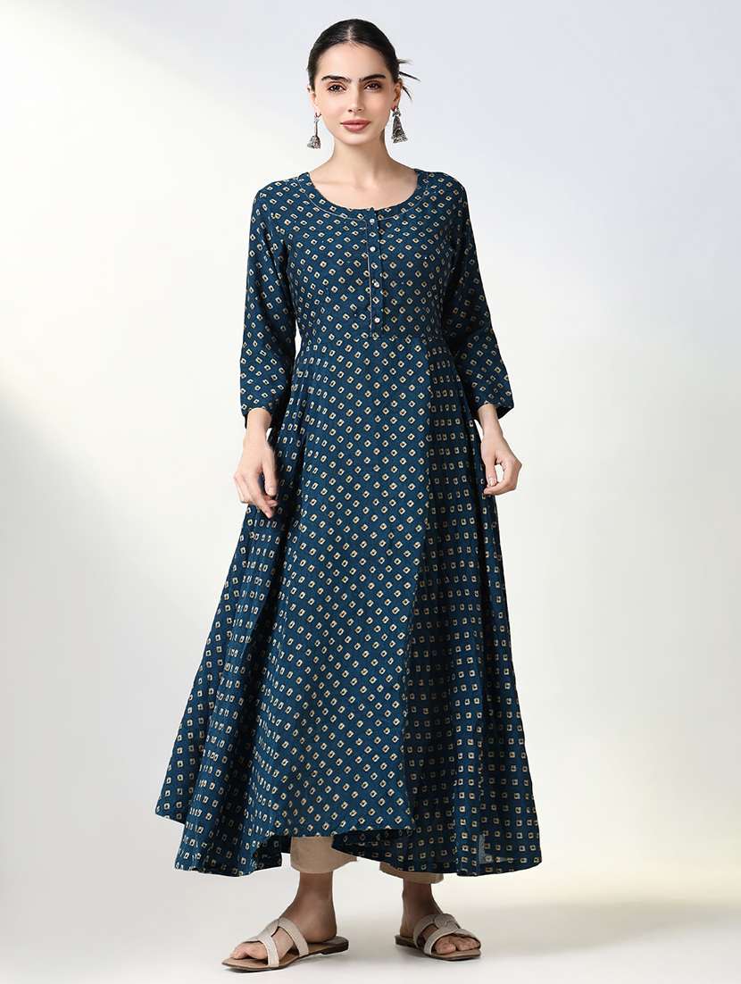 women teal three quarter sleeve anarkali kurta