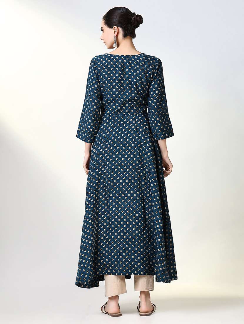 women teal three quarter sleeve anarkali kurta - 21661527 -  Standard Image - 3