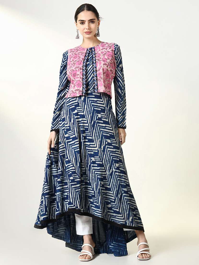 women navy blue printed long sleeve kurta with jacket