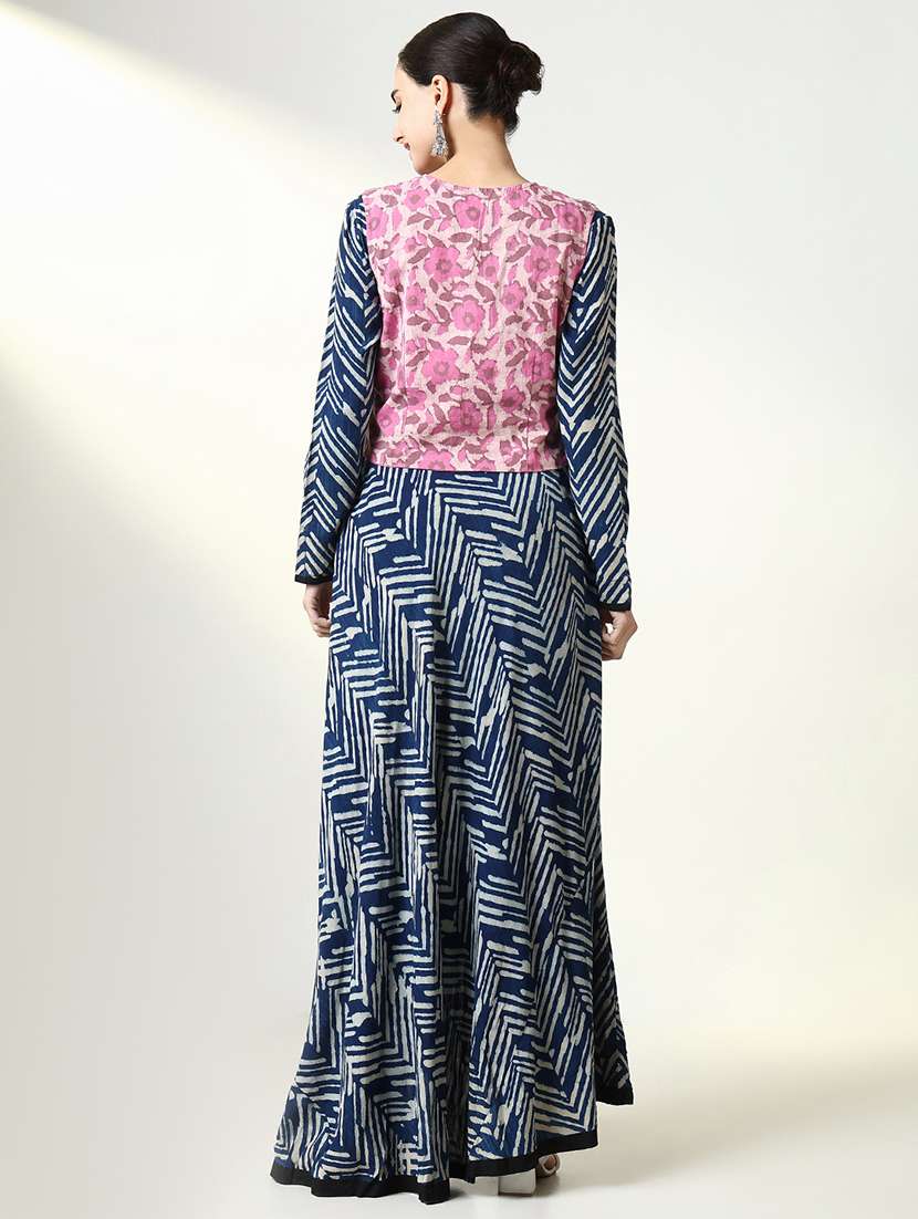 women navy blue printed long sleeve kurta with jacket - 21661529 -  Standard Image - 3
