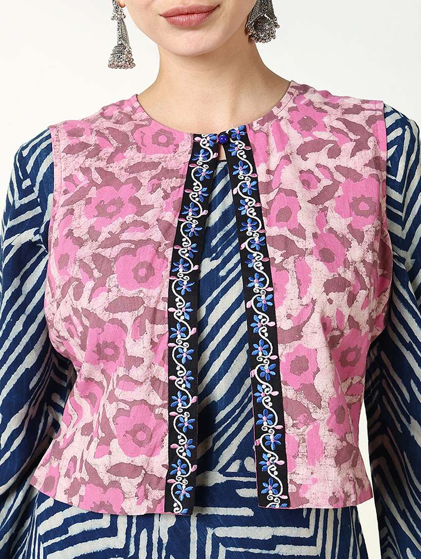 women navy blue printed long sleeve kurta with jacket - 21661529 -  Standard Image - 5