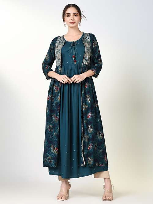 women teal three quarter sleeve kurta with jacket - 21661530 -  Standard Image - 0
