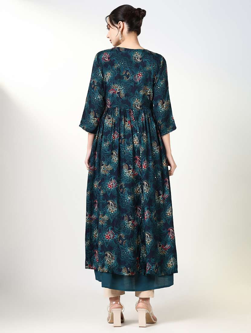 women teal three quarter sleeve kurta with jacket - 21661530 - Standard Image - 3