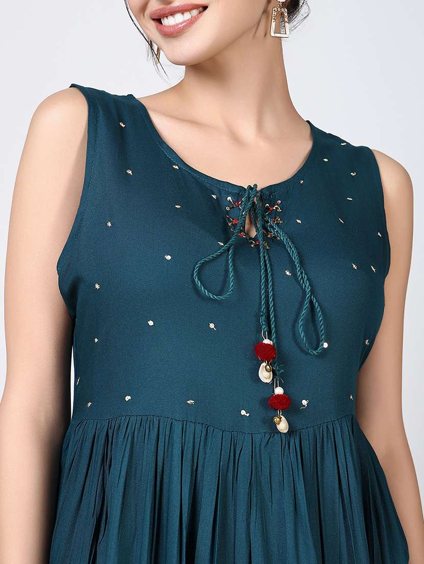 women teal three quarter sleeve kurta with jacket - 21661530 - Standard Image - 5