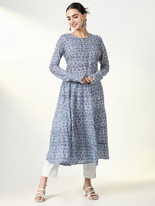 women blue floral long sleeve anarkali kurta - 21661540 -  Standard Image - 0