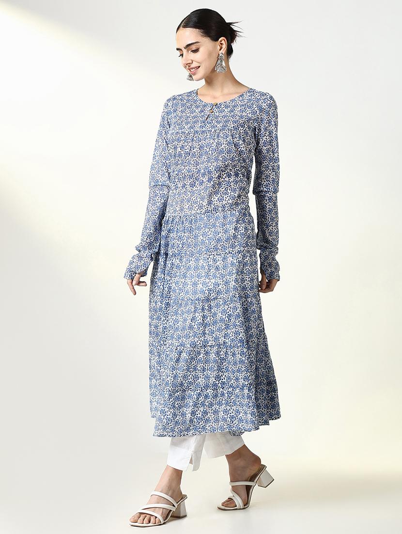 women blue floral long sleeve anarkali kurta - 21661540 - Standard Image - 5