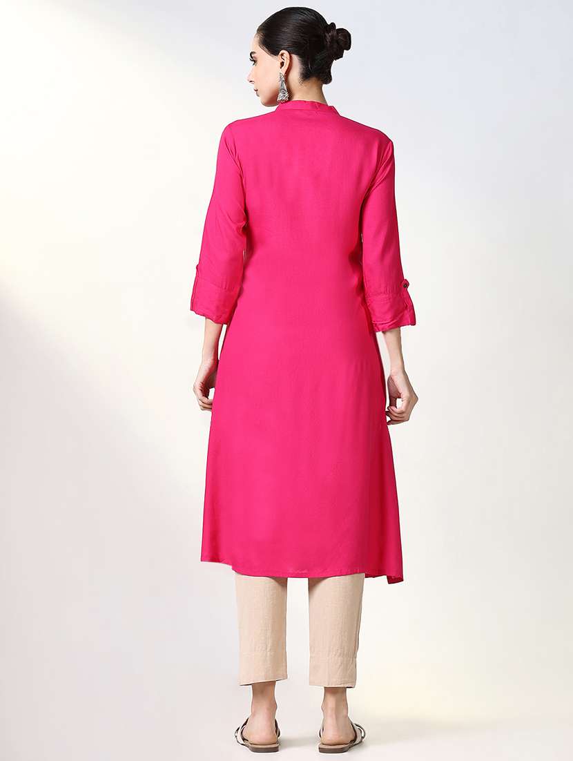 women solid roll up sleeve a-line kurta - 21661548 -  Standard Image - 3
