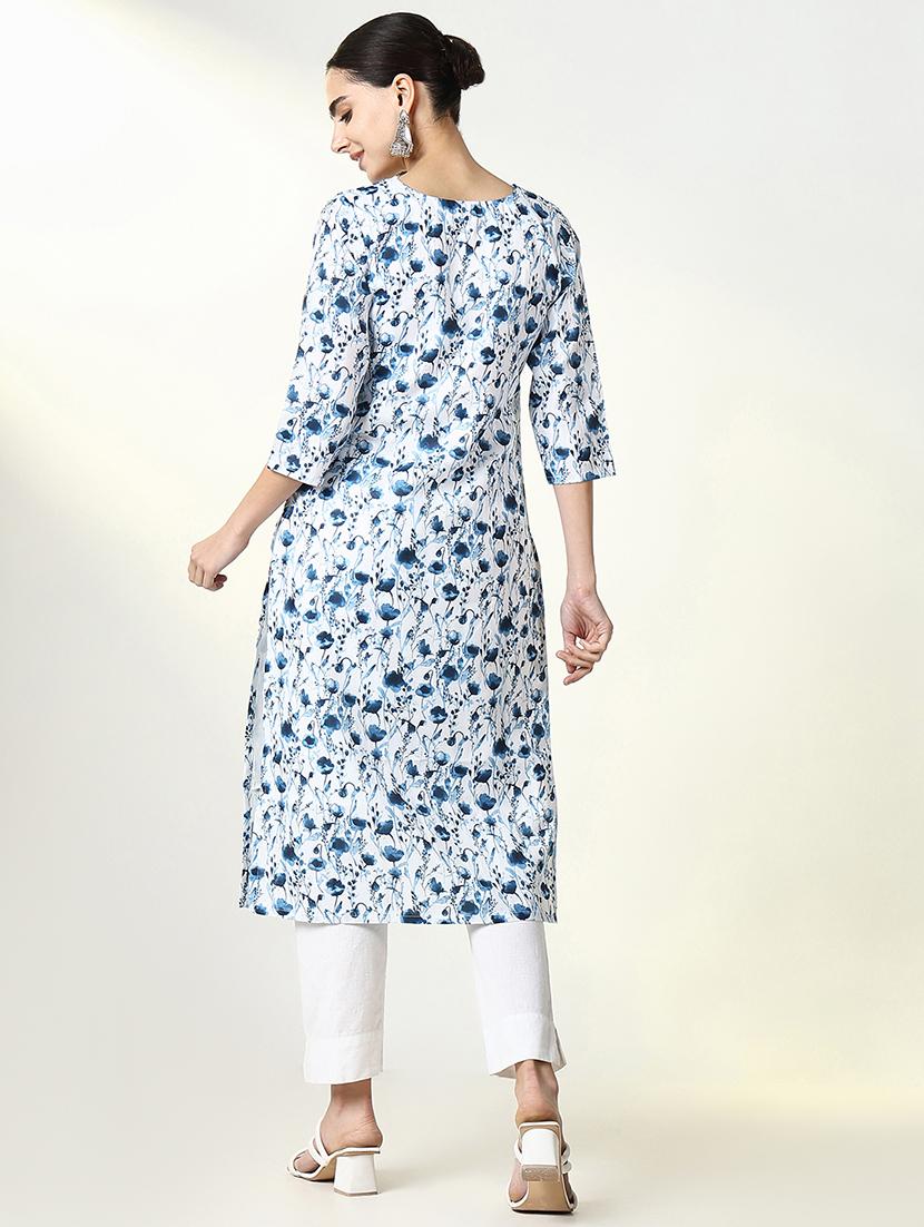 women floral printed three quarter sleeve straight kurta - 21661557 - Standard Image - 3