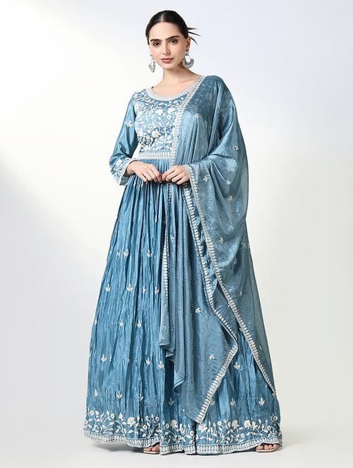 women light blue embroidered anarkali kurta with dupatta - 21661562 -  Standard Image - 0