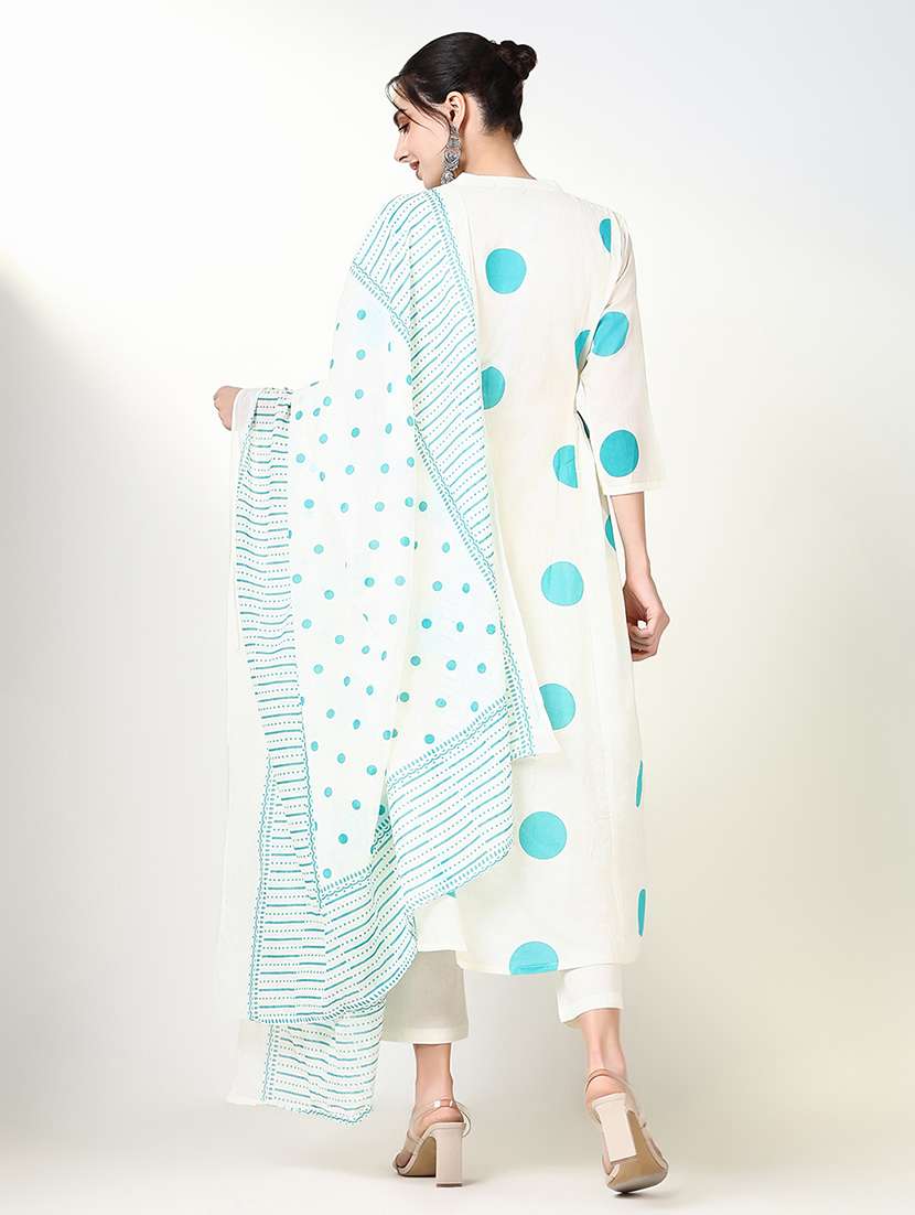 women poka dots three quarter sleeve kurta pant with dupatta set - 21661572 -  Standard Image - 3