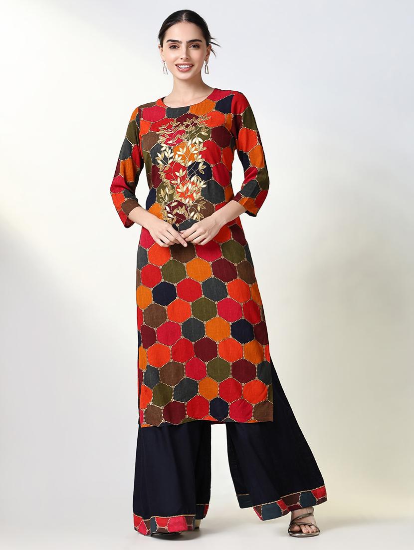 women geometric printed three quarter sleeve kurta palazzo set - 21661574 -  Zoom Image - 0