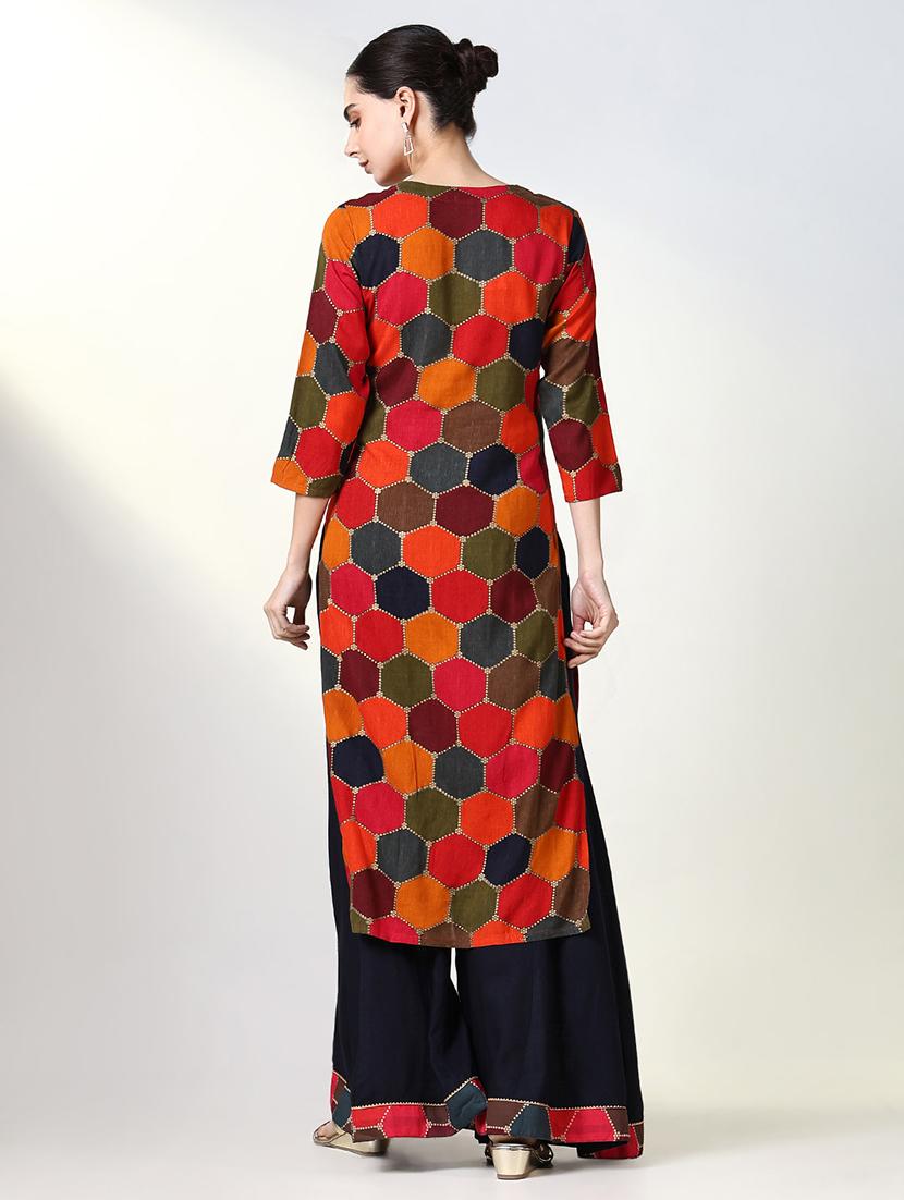 women geometric printed three quarter sleeve kurta palazzo set - 21661574 - Standard Image - 3
