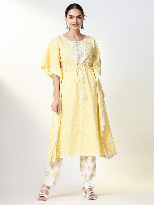 women yellow printed round neck kaftan set - 21661575 -  Standard Image - 0