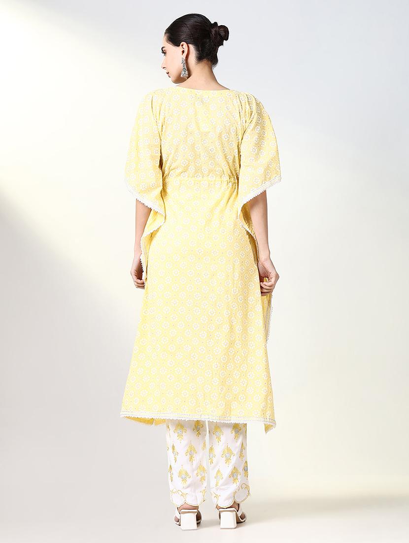 women yellow printed round neck kaftan set - 21661575 - Standard Image - 3