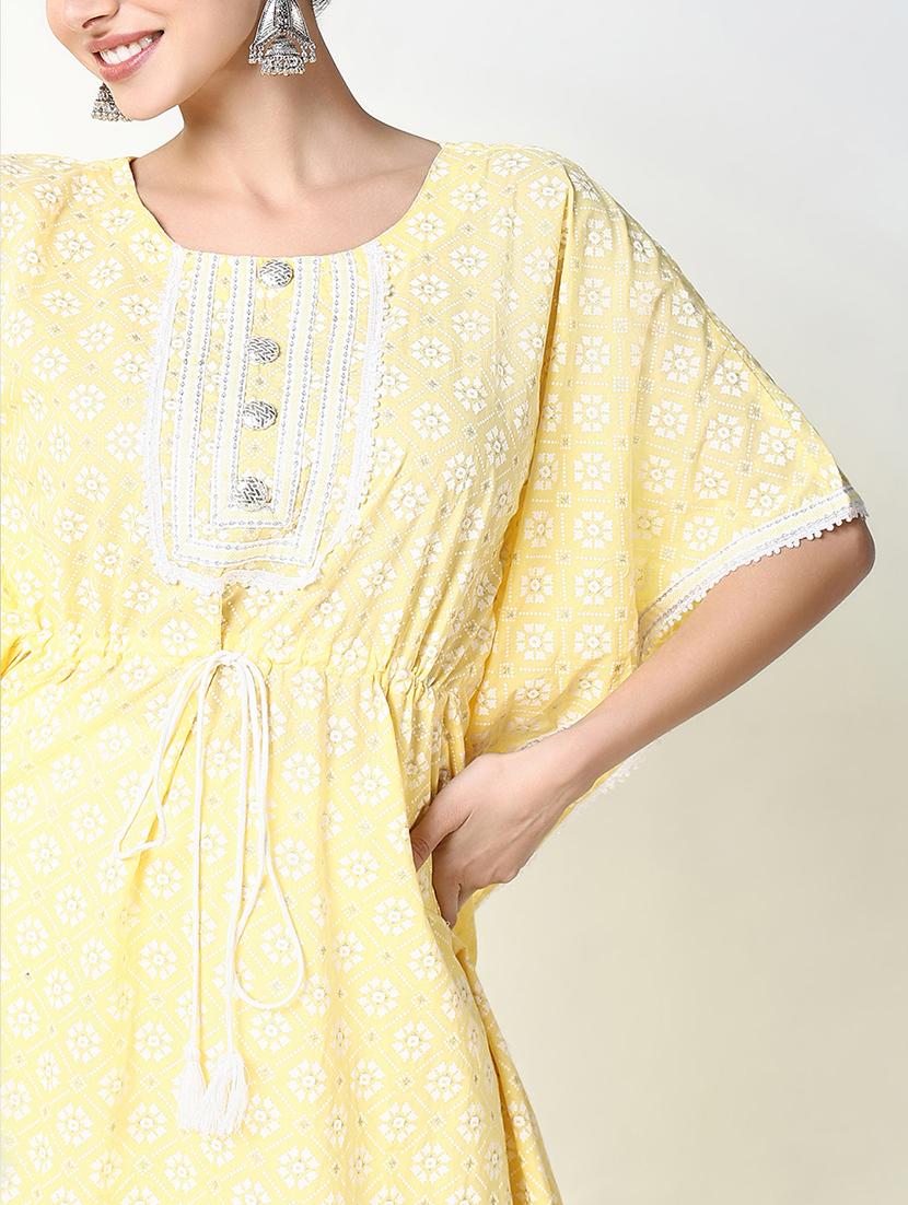 women yellow printed round neck kaftan set - 21661575 - Standard Image - 5