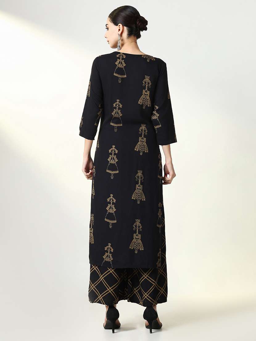 women black printed three quarter sleeve kurta palazzo set  - 21661599 -  Standard Image - 3