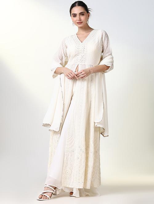 women white embroidered v neck fusion set - 21661614 - Standard Image - 0