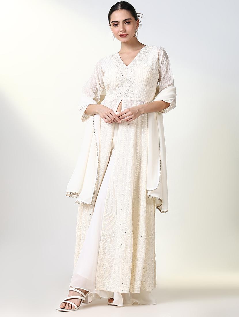 women white embroidered v neck fusion set - 21661614 - Zoom Image - 0