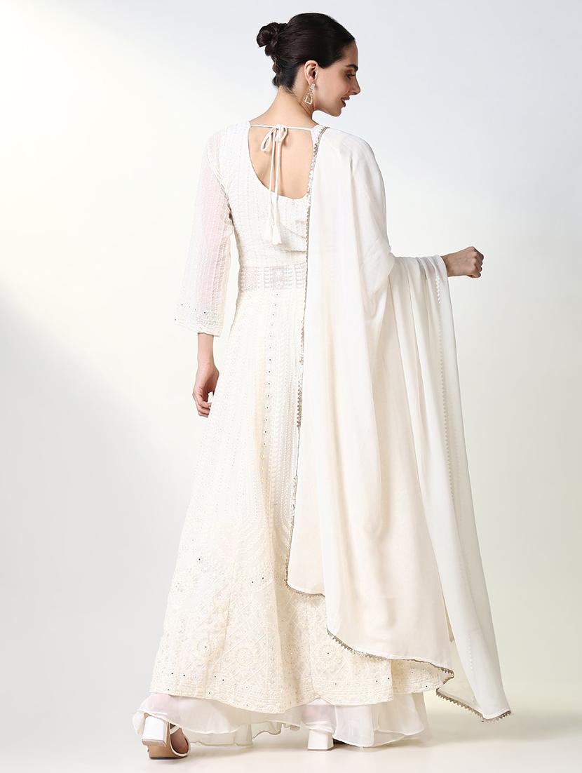 women white embroidered v neck fusion set - 21661614 - Standard Image - 3