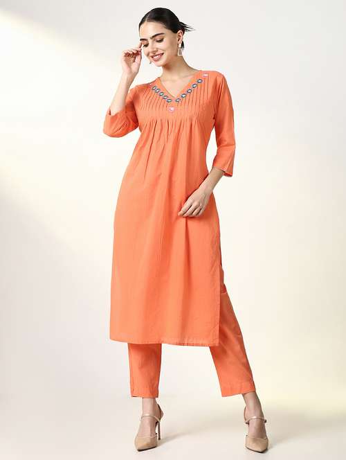 women orange three quarter sleeve kurta pant set - 21661622 -  Standard Image - 0