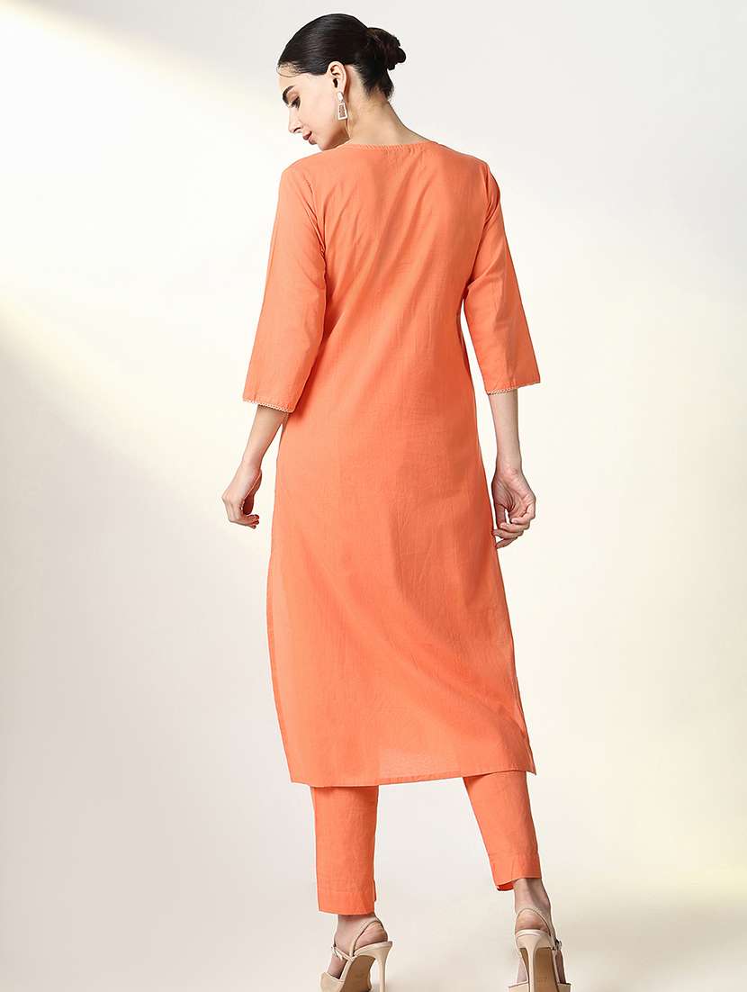 women orange three quarter sleeve kurta pant set - 21661622 - Standard Image - 3