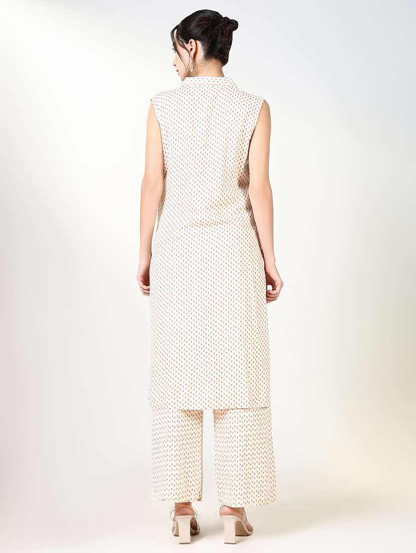 women cream printed sleeveless kurta palazzo set - 21661626 -  Standard Image - 3