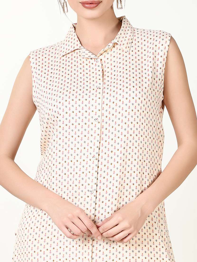 women cream printed sleeveless kurta palazzo set - 21661626 -  Standard Image - 5