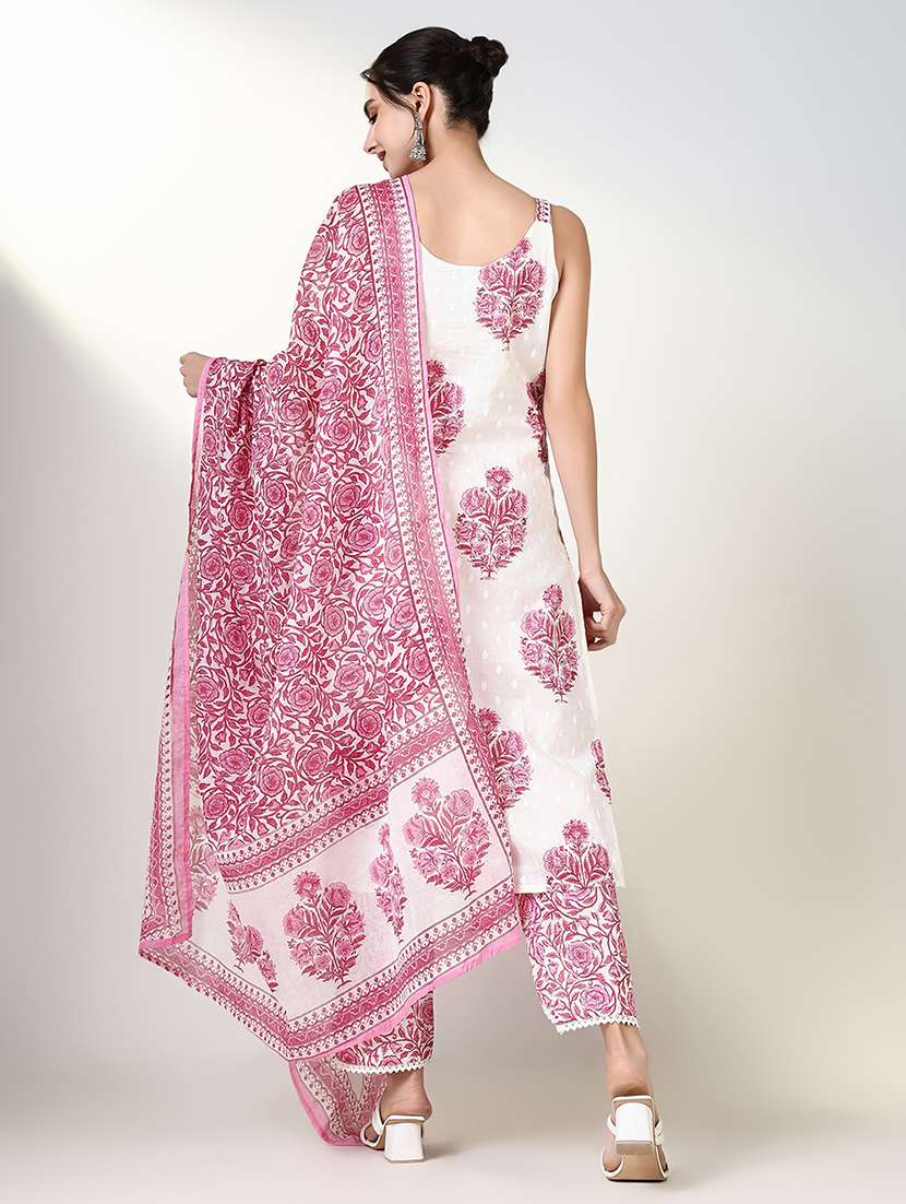 women white floral printed sleeveless kurta pant with dupatta set - 21661634 -  Standard Image - 3